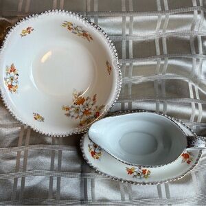 White and Orange Floral Gravy Boat with Underplate and Serving Bowl Set